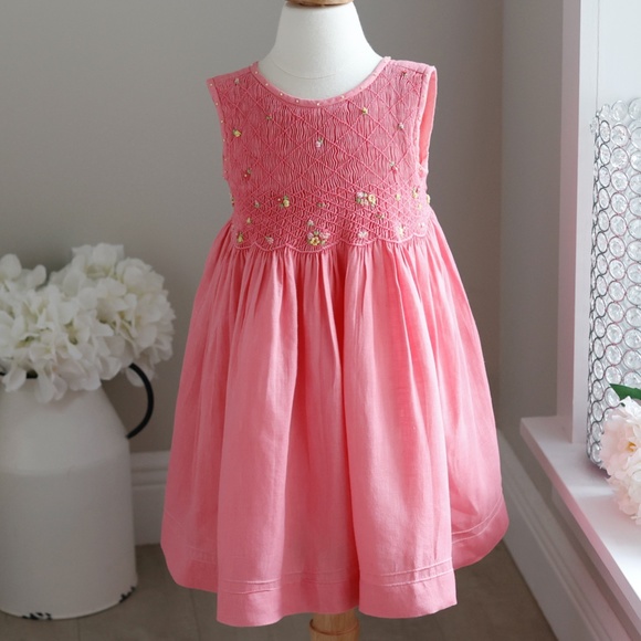 Luli & Me Toddler Girls Pink Floral Garden Smocked Sun Dress